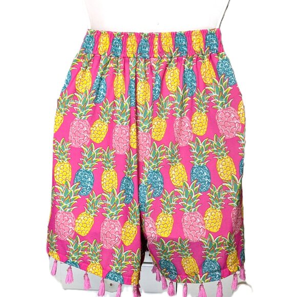 Simply Southern Pink Pineapple Shorts L/XL Fringe Tassel Pull On Tropical - Picture 4 of 16